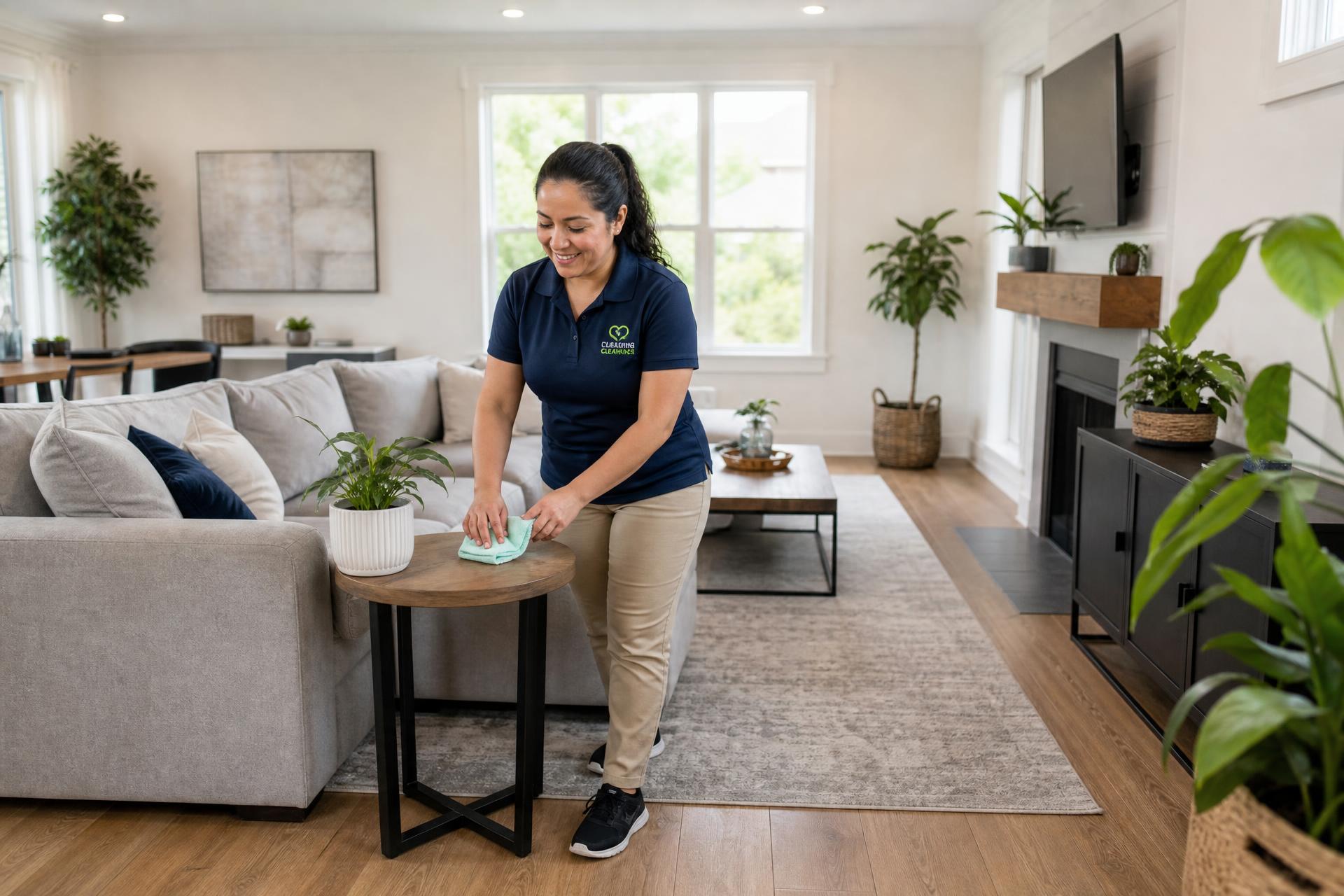 Hispanic cleaning professional in a Yoana's Cleaning Services uniform working in a bright modern living room